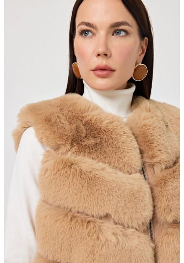 Vittoria Camel Tüylü Uzun Yelek Siyah