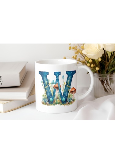 W Baş Harfi Fantastik Mantarlı Kupa Bardak - Kişiye Özel Masalsı Bardak - Hediye Beyaz