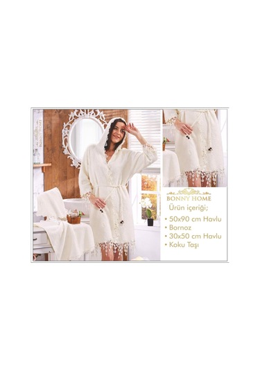 Lorena Krem Kadın Fransız Dantelli Balayı Çeyizlik Bornoz Set Krem