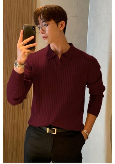 Cool Tarz Erkek Polo Yaka Triko Kazak Slim Fit Fitilli Bordo