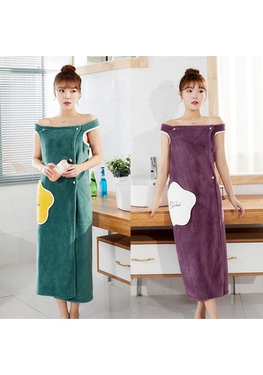 Pazly Kadınlar İçin Kışlık Kalın Peluş Bornoz, Koral Polar, Volanlı, Omuz Açık, Hızlı Kuruyan Havlu, Yeşil Yeşil