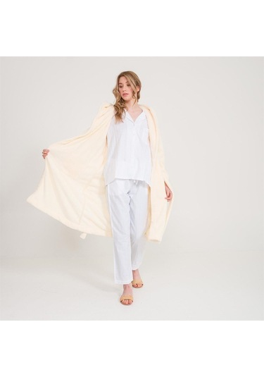 Uzun Welsoft Kapüşonlu Kadın Sabahlık Ekru