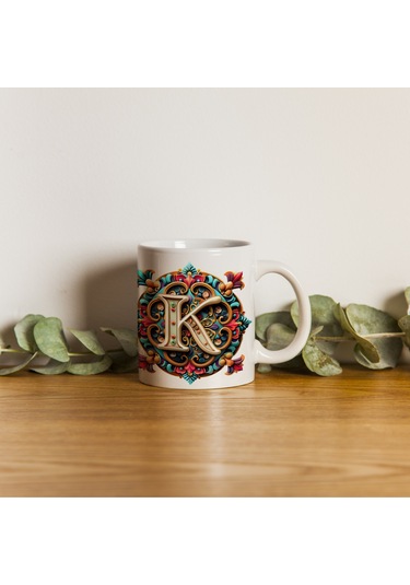 K Harfi Boho Bardak, Renkli Özel Tasarım Hediyelik Harfli Kupa, 330ml Porselen Beyaz