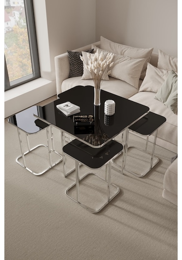 4+1 Gümüş Kaplam Siyah Ayna Radüslü Orta Sehpa