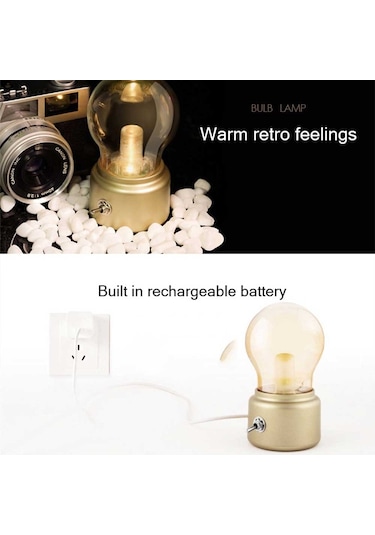 Cbtx Retro Ampul Şekli Başucu Masaüstü Led Lamba Şarj Edilebilir Abs + Cam Gece Lambası - Altın