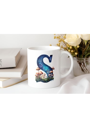 S Baş Harfi Fantastik Mantarlı Kupa Bardak - Kişiye Özel Masalsı Bardak - Hediye Beyaz