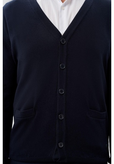 Koyu Lacivert Uzun Kol Örme V Yaka Comfort Fit Rahat Kesim Klasik Triko Koyu Lacivert