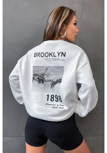 Modagen Unisex Beyaz Brooklyn 1898 Baskılı Bisiklet Yaka Oversize Sweatshirt Beyaz