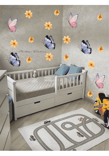 Kelebekler Ve Çiçekler Çocuk Bebek Odası Cam Duvar Sticker Seti Siyah