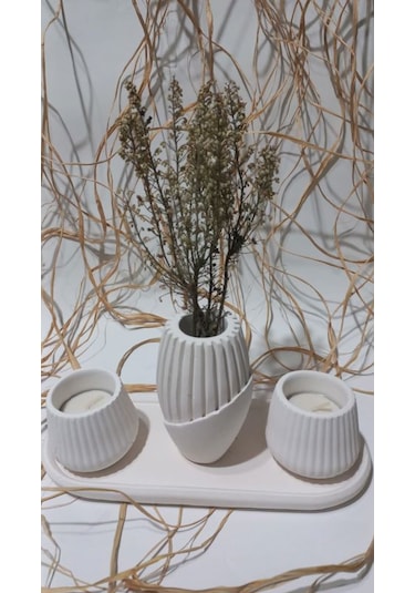İskandinav Vazolu Tabaklı Tealight Mumluk Set Beyaz Beyaz
