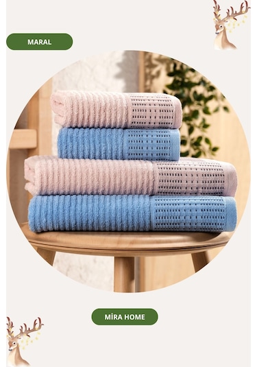 Mira Home 4 Parça Maral Battal %100 Pamuklu Banyo Havlu Takımı 90x160 Cm Mavi