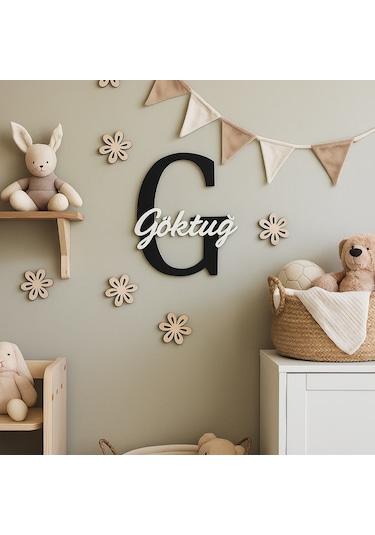 İsme Özel Çocuk ve Bebek Odası Harf Üzeri İsimli Kapı Ve Duvar Kapı Süsü Pano İsimlik - Siyah