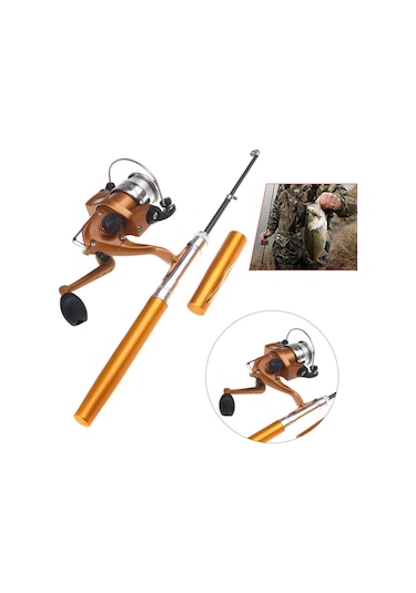 Mufunye 1.6m Altın Kalem Tipi Uzatılabilir Olta Kamışı Ve Mini Spinning Makinesi Seti