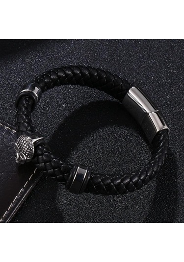 Erkek Örgülü Deri Kurukafa Bileklik Paslanmaz Çelik Erkek Bilezikleri Parti Takıları Hediye Punk Bileklik Kahverengi
