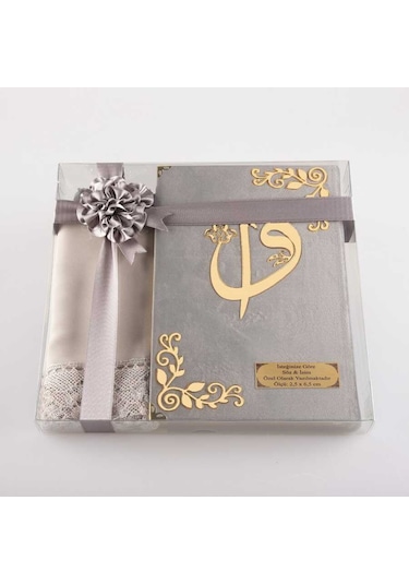Şal + Tesbih + Kuran Hediye Seti (Çanta Boy, Kadife, Gri)