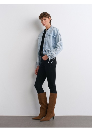 Dilvin 65367 Kolları Zımbalı Bomber Denim Mont-mavi Mavi