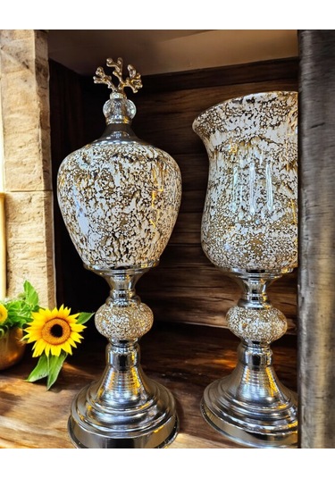 3'lü Dekoratif Prestij Dekoratif Vazo Set - Ekru Ekru