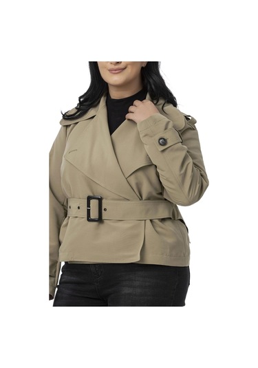 Büyük Beden Mono Yaka Kemerli Astarlı Kısa Çağla Yeşili Trençkot Çağla Yeşili