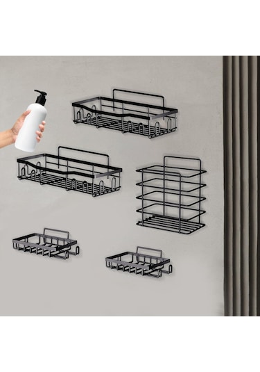 Homyl Duş Rafı Banyo Depolama Sepeti 5 Adet Basit Duvara Monte Siyah