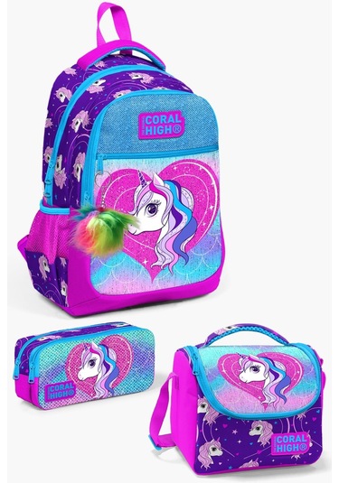 Coral High Kids Mor Pembe Unicorn Desenli 3 Lü Okul Çanta Seti Set0123492