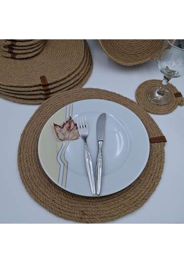 6 Kişilik 14 Parça Hasır Rengi Amerikan Servis, Hasır Supla Takım Naturel