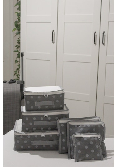 Adarya Home Puantiye Desen Valiz Düzenleyici Bavul İçi Organizer Set 6'lı Antrasit