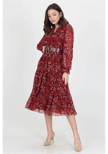 Neşeli Butik Kadın Kemerli Yakası Bağlama Detaylı Desenli Şifon Elbise Rssn02 Bordo