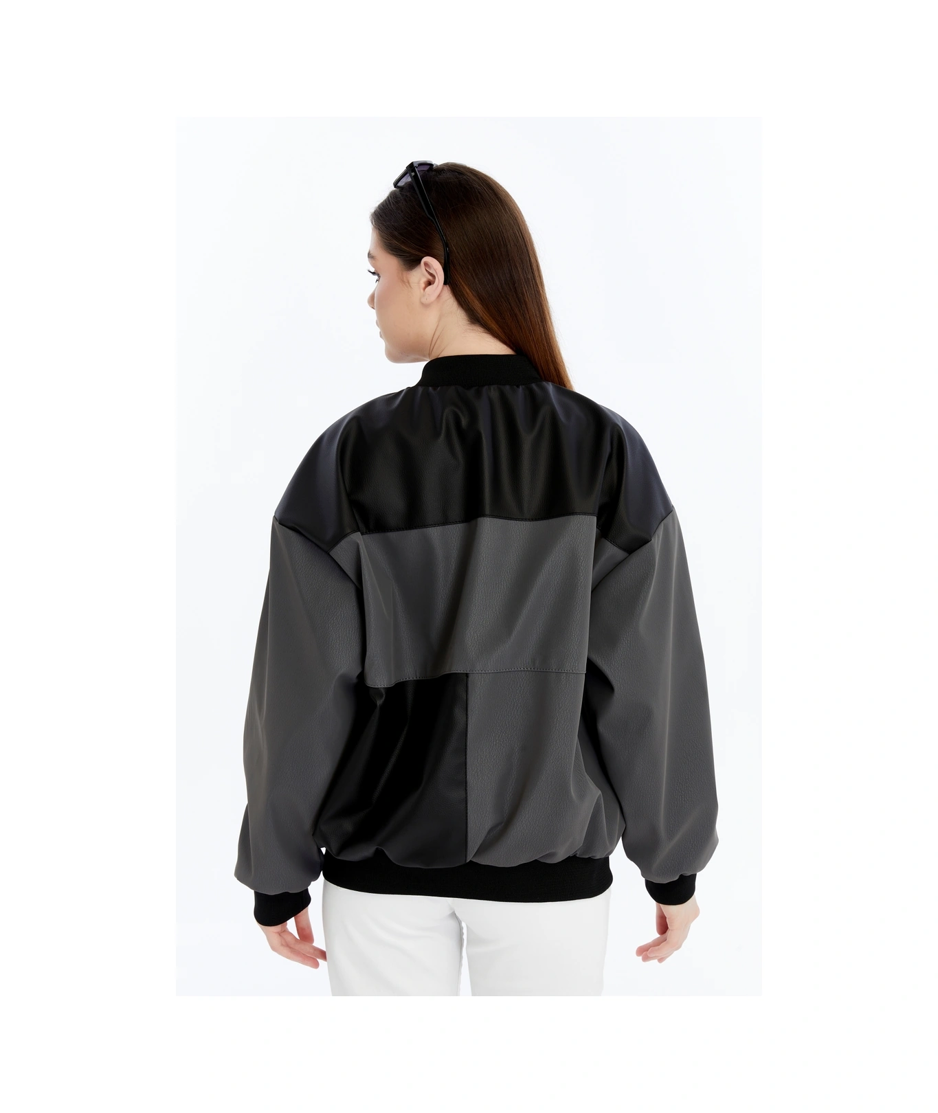 Kadın Oversize Baskılı Deri Motorcu Montu Fermuarlı Yarışçı Ceket Astarlı Bomber Kolej Mont Antrasit