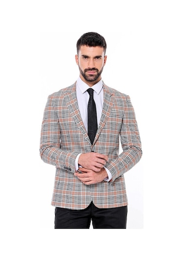 Wessi Ekose Desenli Slim Fit Turuncu Siyah Erkek Ceket - Wessi Turuncu