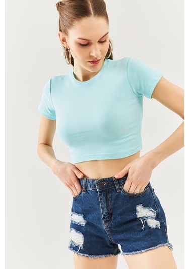 Kadın Kısa Kol Bisiklet Yaka Vücuda Oturan %100 Pamuklu Kaşkorse Esnek Crop Bluz Aqua