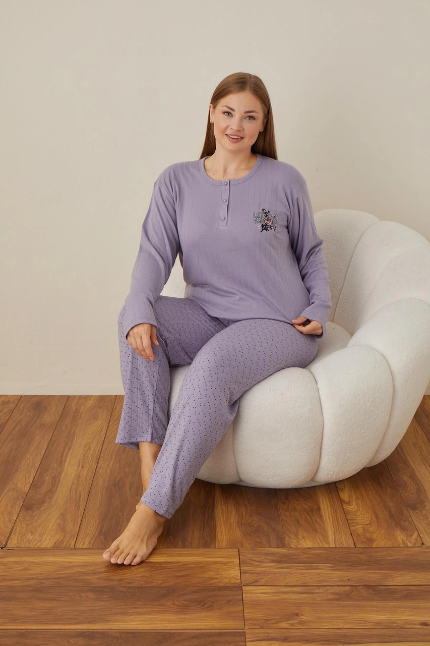Lindros Kadın Pamuk'lu Düğme Yaka Raporlu İnterlok Kışlık Battal Pijama Takımı 05104 - 1 Adet Lila