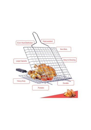 Jeemson Gümüş Demir Izgara Sepeti, Ahşap Saplı Kilitli Izgara Kafesi, Sebze-balık Et Izgarası, Barbekü Aleti, 53cm, 3-5 Kişilik Kapasite Çok Renkli