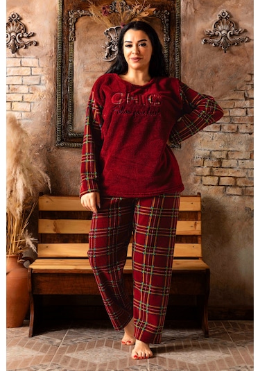 Nisanca Büyük Beden Peluş Polar Pijama Takımı- Kışlık Büyük Beden Kadın Pijama Bordo
