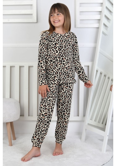 Minik Uyku Avcısı - Vahşi Rahatlık Serisi Leopar Desenli Kız Çocuk Pijama Takımı Sarı