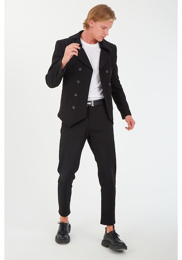 Sposo 1702 Yaka Çıkmalı Kruvaze Yünlü Kaşe Siyah Erkek Kısa Kaban Siyah