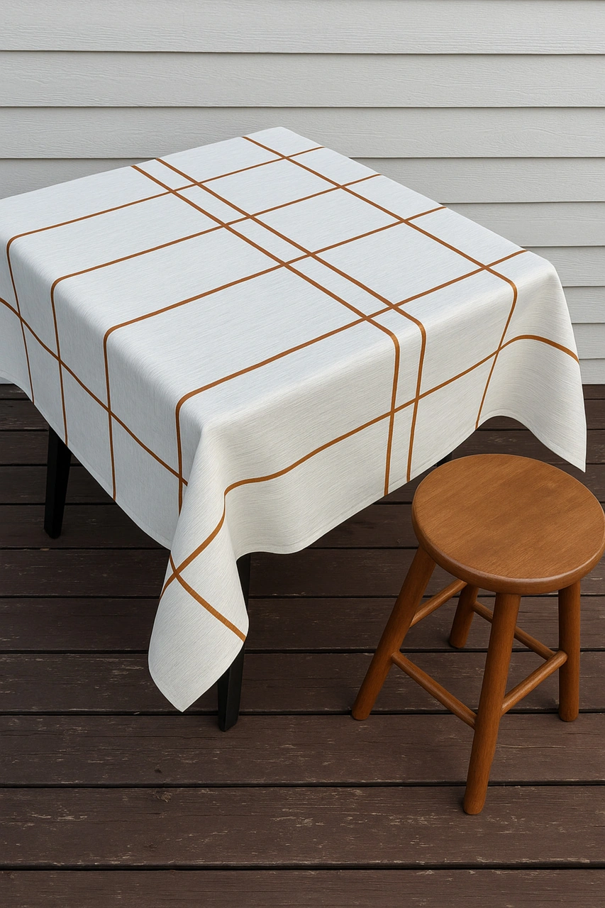 Rona Home Bej Kırık Beyaz Gold Şerit Desenli Masa Örtüsü Silinebilir Lüks Muşamba Sofra Bezi Bej