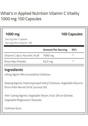 Applied Nutrition Vitamin C Rose Hips Ascorbic Acid 1000mg 100 Ca