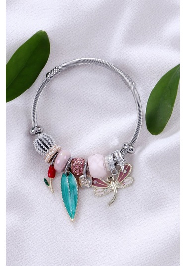 Bhs Life Kadın Charmlı Yapraklı Kelebek Figürlü Çelik Bileklik Beyaz