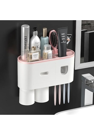 Manyetik Adsorpsiyon Ters Diş Fırçası Tutucu Çift Otomatik Diş Macunu Sıkacağı Pembe One Cup Pembe