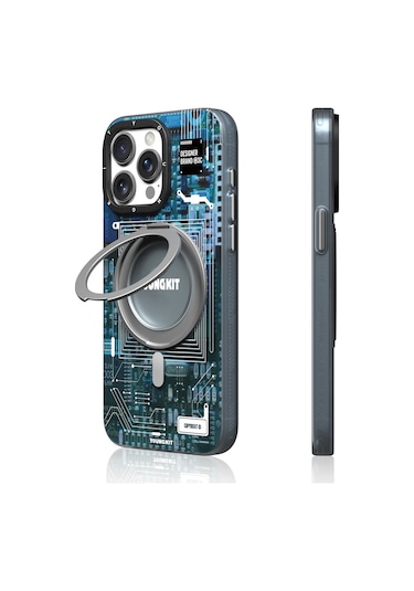 İphone 14 Pro Max Uyumlu Kılıf Magsafe Şarj Özellikli Youngkit 360 Standlı Technology Serisi Kapak Mavi