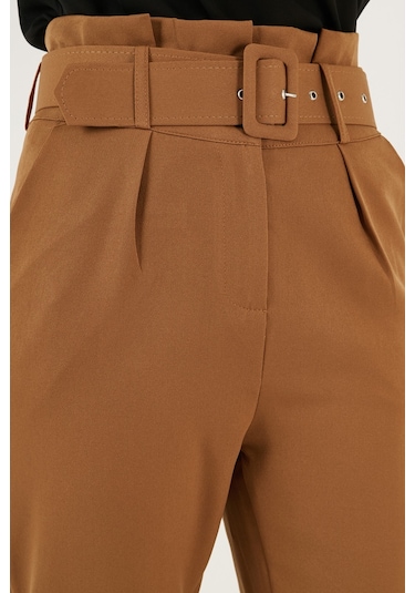 Lela Yüksek Bel Cepli Kemerli Regular Fit Kumaş Bayan Pantolon 611Pl04 Hardal