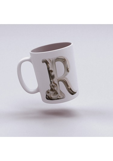 R Harfi Bardak, Monogram 330 Ml Barok Oymalı Görünüm Beyaz