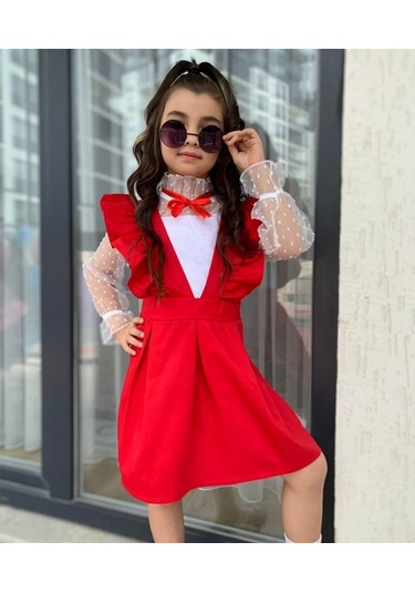 Kız Çocuk Gömlek / Salopet Kırmızı Takım Çok Renkli