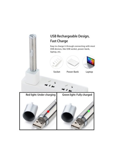 Hombey Alüminyum Tıbbi El Feneri Usb Şarjlı - 3 Fonksiyon: Beyaz Işık, Kızılötesi Lazer, Mor Para Kontrol Işığı Gümüş