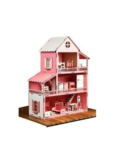 Pembe Ahşap Barbi Bebek Oyun Evi