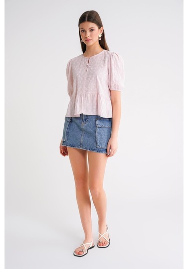 4688 Kadın Balon Kol Çiçek Desenli Peplum Bluz Pembe Pembe