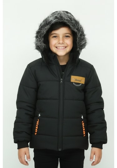 Erkek Çocuk İçi Peluş Astarlı-kürk Kapüşonlu-fermuarlı Mont 12369 Siyah