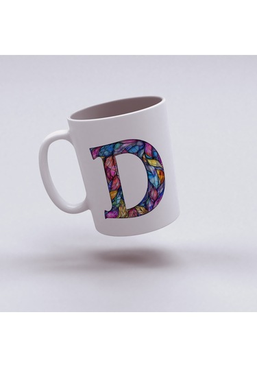 D Harfi Bardak 330 Ml İsme/harfe Özel Hediye, Renkli Harf Tasarım Beyaz