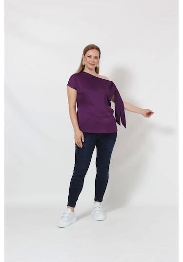 3250 Tek Omuz Bağlama Detaylı Bluz Mor Mor