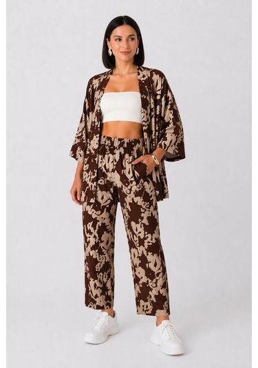 Trend Alisse Desenli Kimono Kadın Alt Üst Takım Kahverengi